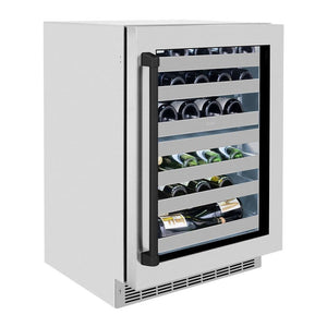 ZLINE Autograph Edition 24 in. Touchstone Dual Zone 44 Bottle Wine Cooler With Stainless Steel Glass Door And Matte Black Handle (RWDOZ-GS-24-MB) side, closed.