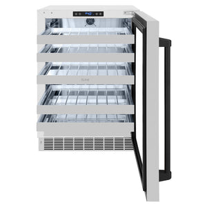ZLINE Autograph Edition 24 in. Touchstone Dual Zone 44 Bottle Wine Cooler With Stainless Steel Glass Door And Matte Black Handle (RWDOZ-GS-24-MB) front, open.