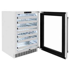 ZLINE Autograph Edition 24 in. Touchstone Dual Zone 44 Bottle Wine Cooler With Stainless Steel Glass Door And Matte Black Handle (RWDOZ-GS-24-MB) side, open.