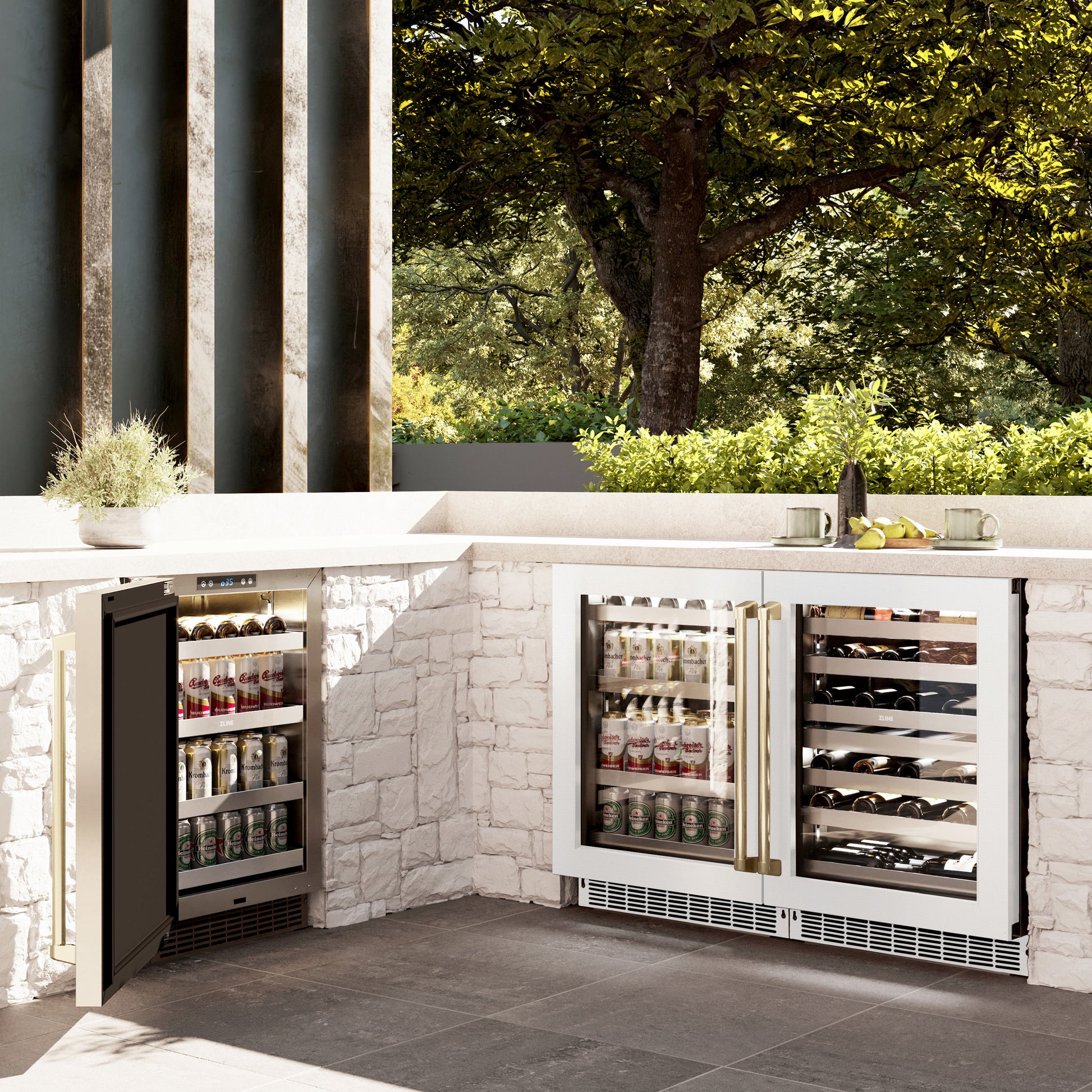 ZLINE Autograph Edition 24 in. Touchstone 151 Can Beverage Fridge With White Matte Glass Door And Champagne Bronze Handle (RBSOZ-WM-24-CB) in a luxury outdoor patio, side.