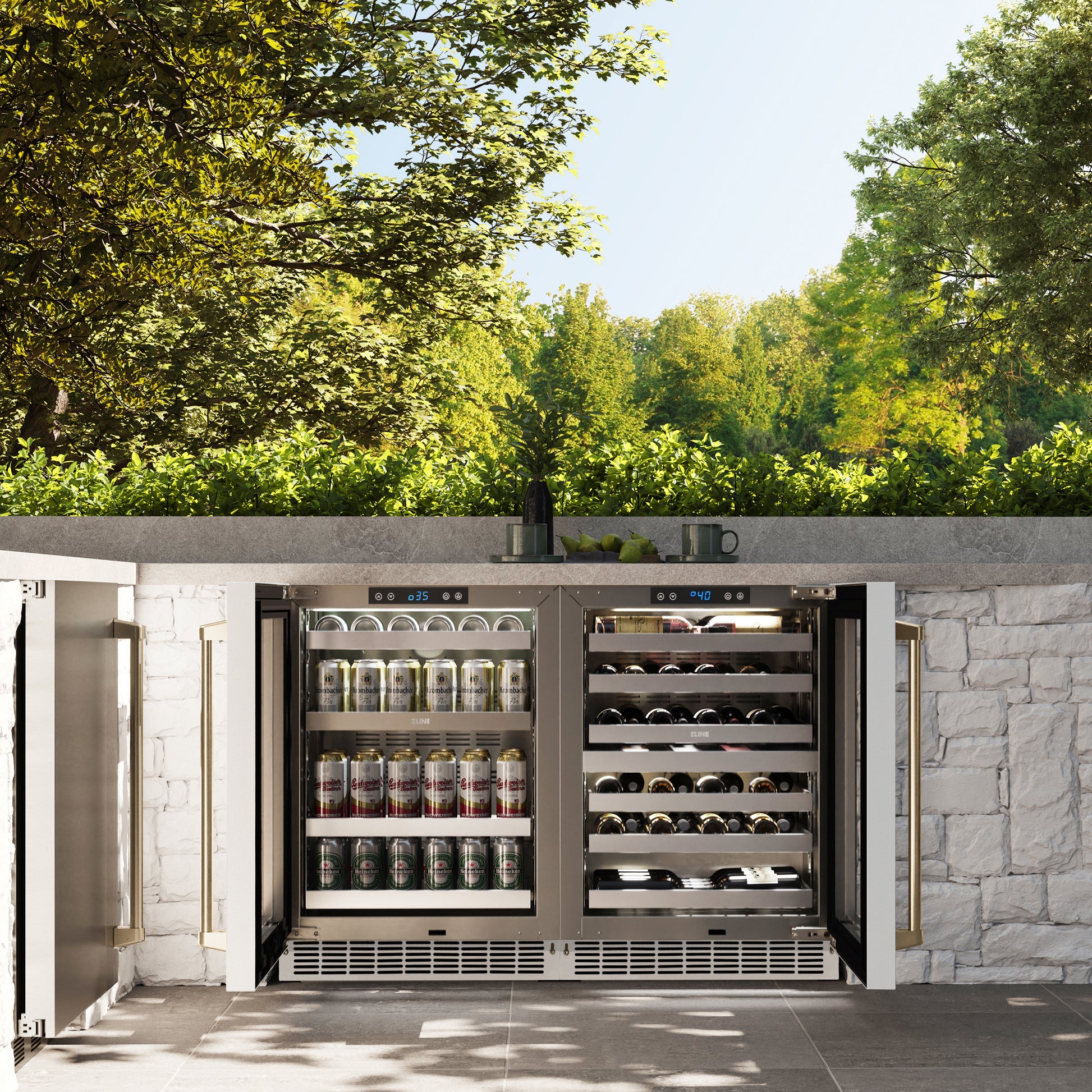 ZLINE Autograph Edition 24 in. Touchstone 151 Can Beverage Fridge With White Matte Glass Door And Champagne Bronze Handle (RBSOZ-WM-24-CB) in a luxury outdoor patio, front, open with bottles and cans inside.