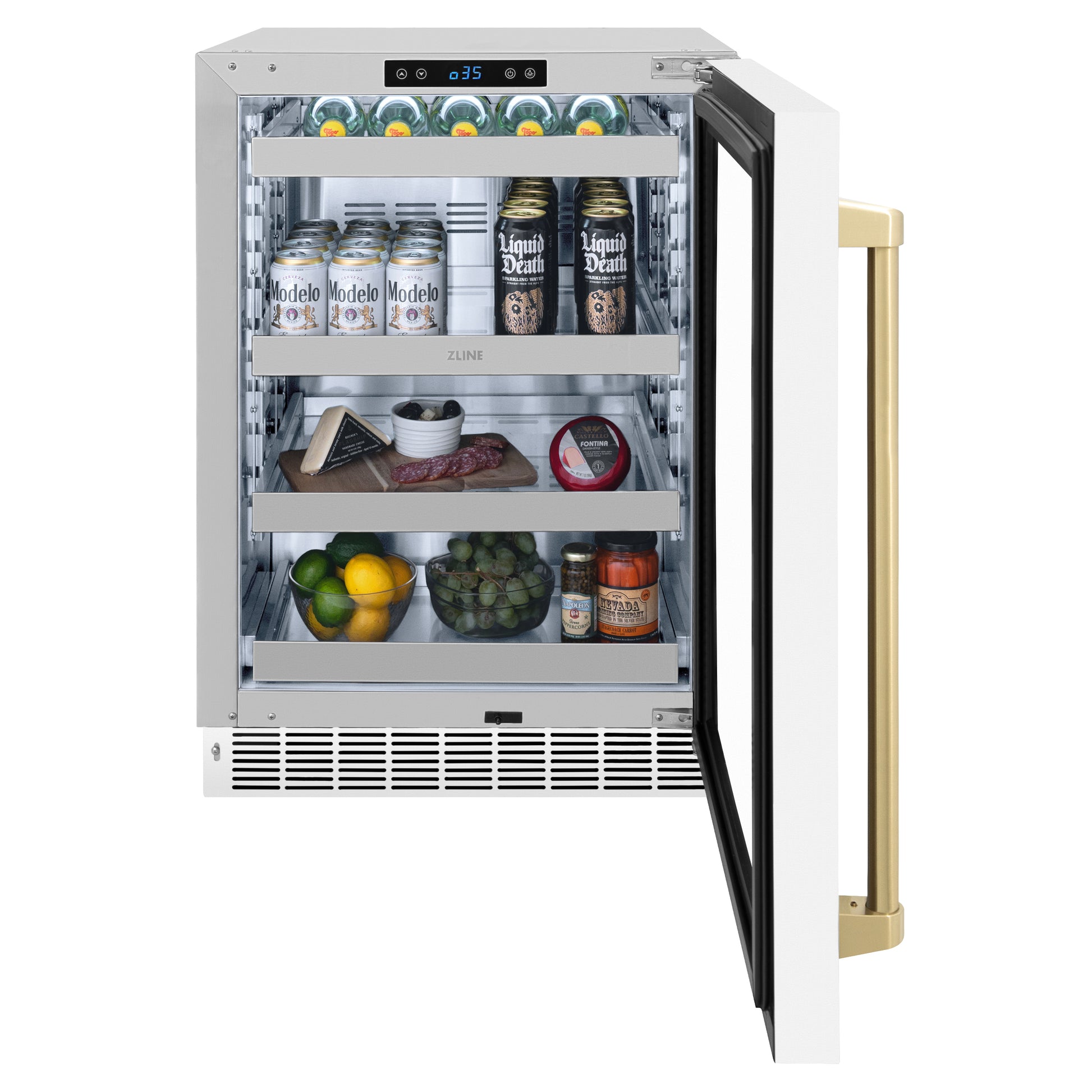 ZLINE Autograph Edition 24 in. Touchstone Dual Zone 44 Bottle Wine Cooler With White Matte Glass Door And Champagne Bronze Handle (RWDOZ-WM-24-CB) front, open, full.