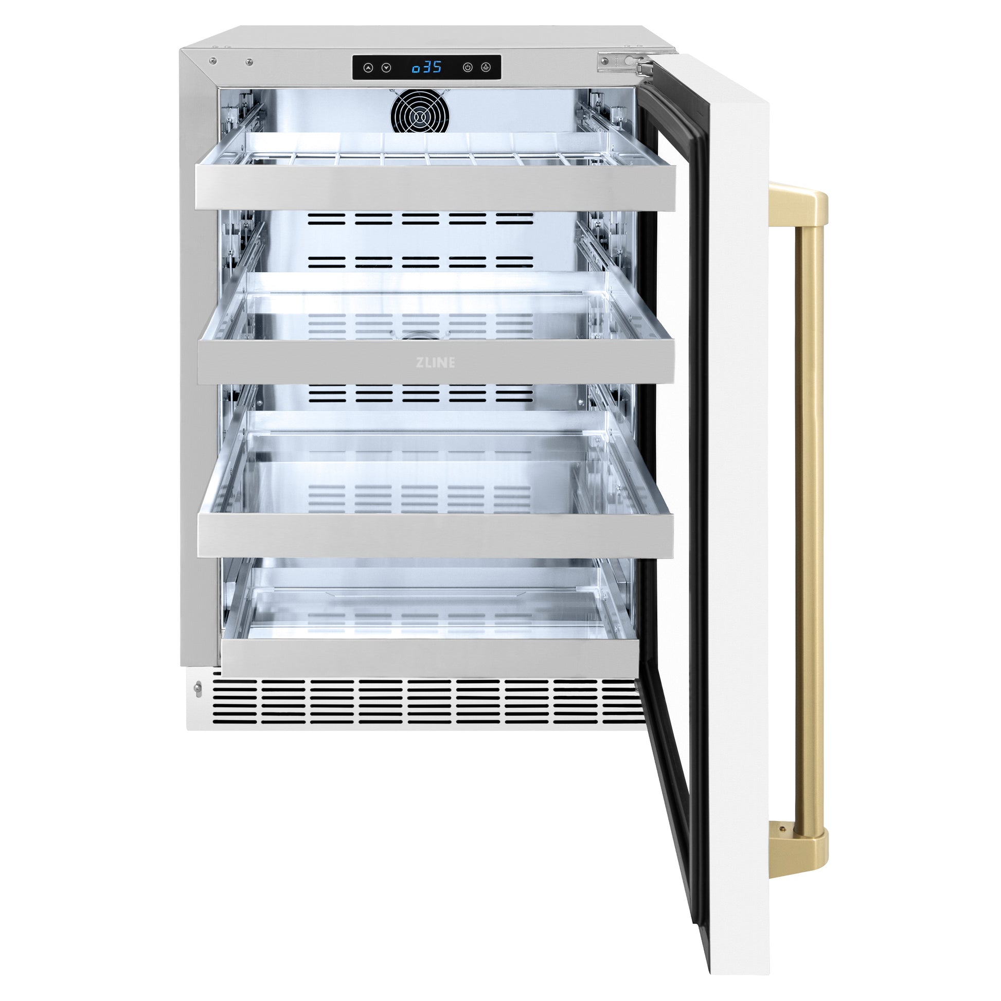 ZLINE Autograph Edition 24 in. Touchstone Dual Zone 44 Bottle Wine Cooler With White Matte Glass Door And Champagne Bronze Handle (RWDOZ-WM-24-CB) front, open.