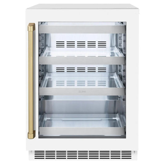 ZLINE Autograph Edition 24 in. Touchstone 151 Can Beverage Fridge With White Matte Glass Door And Champagne Bronze Handle (RBSOZ-WM-24-CB) main image.