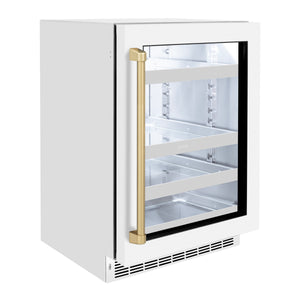 ZLINE Autograph Edition 24 in. Touchstone 151 Can Beverage Fridge With White Matte Glass Door And Champagne Bronze Handle (RBSOZ-WM-24-CB) side, closed.