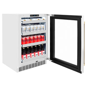 ZLINE Autograph Edition 24 in. Touchstone Dual Zone 44 Bottle Wine Cooler With White Matte Glass Door And Champagne Bronze Handle (RWDOZ-WM-24-CB) side, open, full.