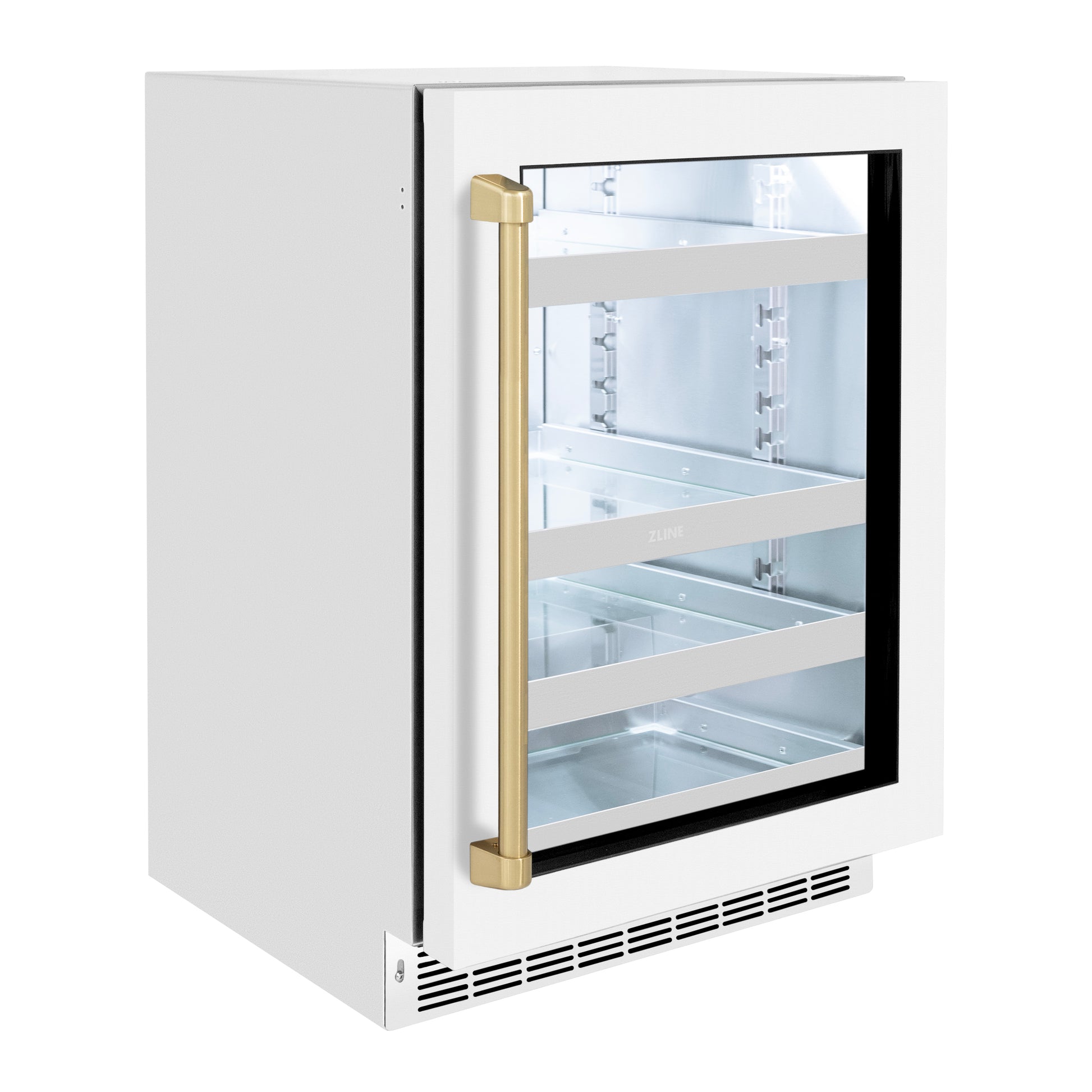 ZLINE Autograph Edition 24 in. Touchstone Dual Zone 44 Bottle Wine Cooler With White Matte Glass Door And Champagne Bronze Handle (RWDOZ-WM-24-CB)