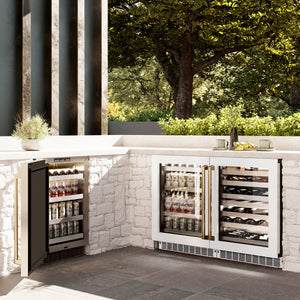 ZLINE Autograph Edition 24 in. Touchstone 151 Can Beverage Fridge With White Matte Glass Door And Polished Gold Handle (RBSOZ-WM-24-G) in a luxury outdoor patio, side.