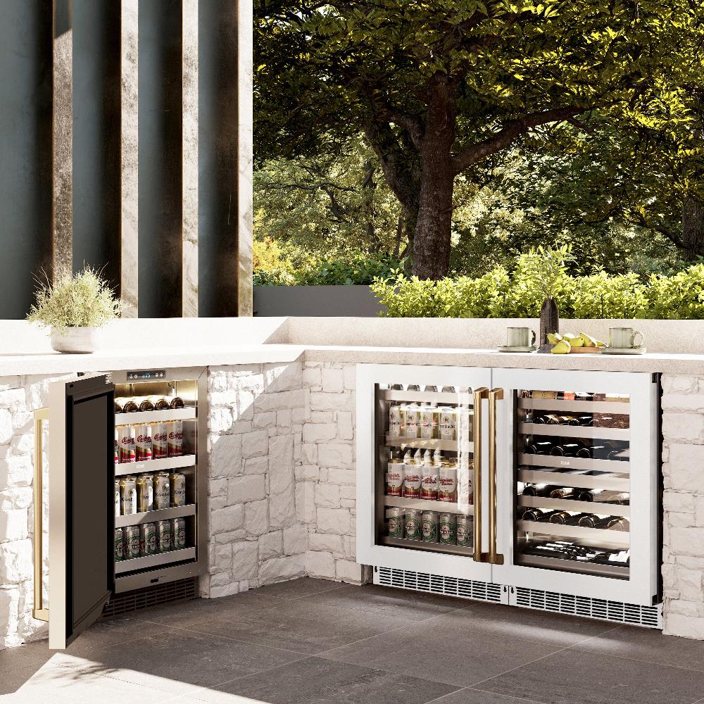 ZLINE Autograph Edition 24 in. Touchstone Dual Zone 44 Bottle Wine Cooler With White Matte Glass Door And Polished Gold Handle (RWDOZ-WM-24-G) in a luxury outdoor patio, side.