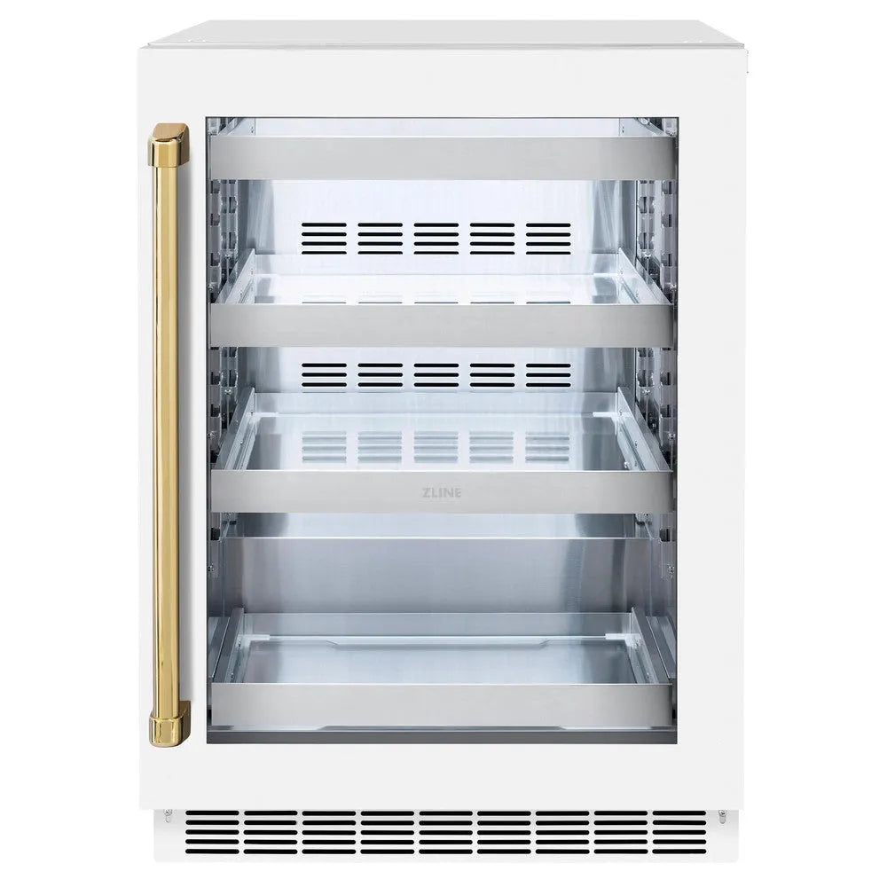 ZLINE Autograph Edition 24 in. Touchstone 151 Can Beverage Fridge With White Matte Glass Door And Polished Gold Handle (RBSOZ-WM-24-G) main image.