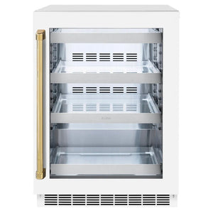 ZLINE Autograph Edition 24 in. Touchstone 151 Can Beverage Fridge With White Matte Glass Door And Polished Gold Handle (RBSOZ-WM-24-G) main image.