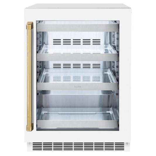 ZLINE Autograph Edition 24 in. Touchstone Dual Zone 44 Bottle Wine Cooler With White Matte Glass Door And Polished Gold Handle (RWDOZ-WM-24-G)