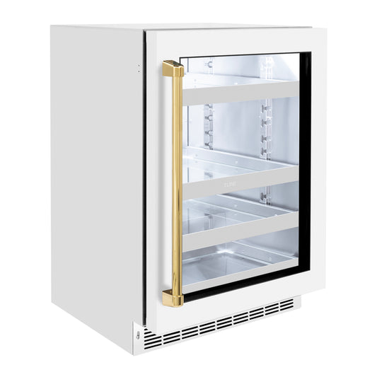 ZLINE Autograph Edition 24 in. Touchstone 151 Can Beverage Fridge With White Matte Glass Door And Polished Gold Handle (RBSOZ-WM-24-G) side, closed.