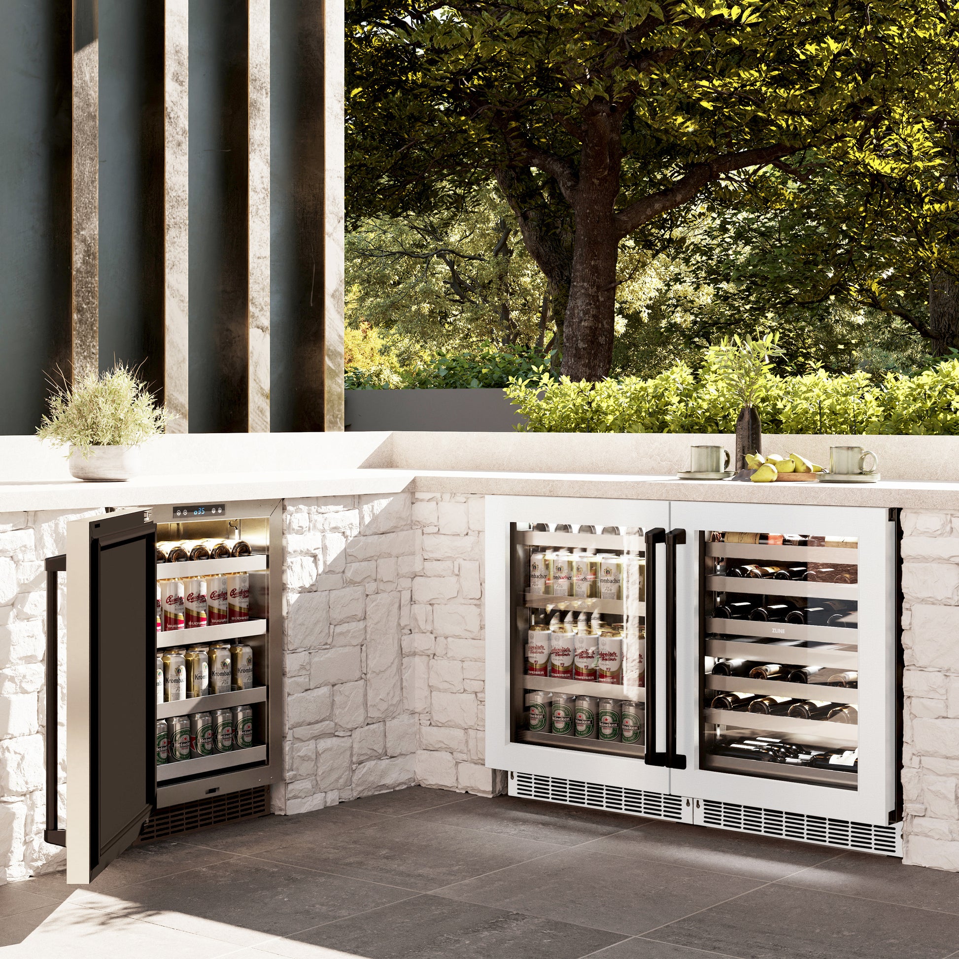 ZLINE Autograph Edition 24 in. Touchstone 151 Can Beverage Fridge With White Matte Glass Door And Matte Black Handle (RBSOZ-WM-24-MB) in a luxury outdoor patio, side.