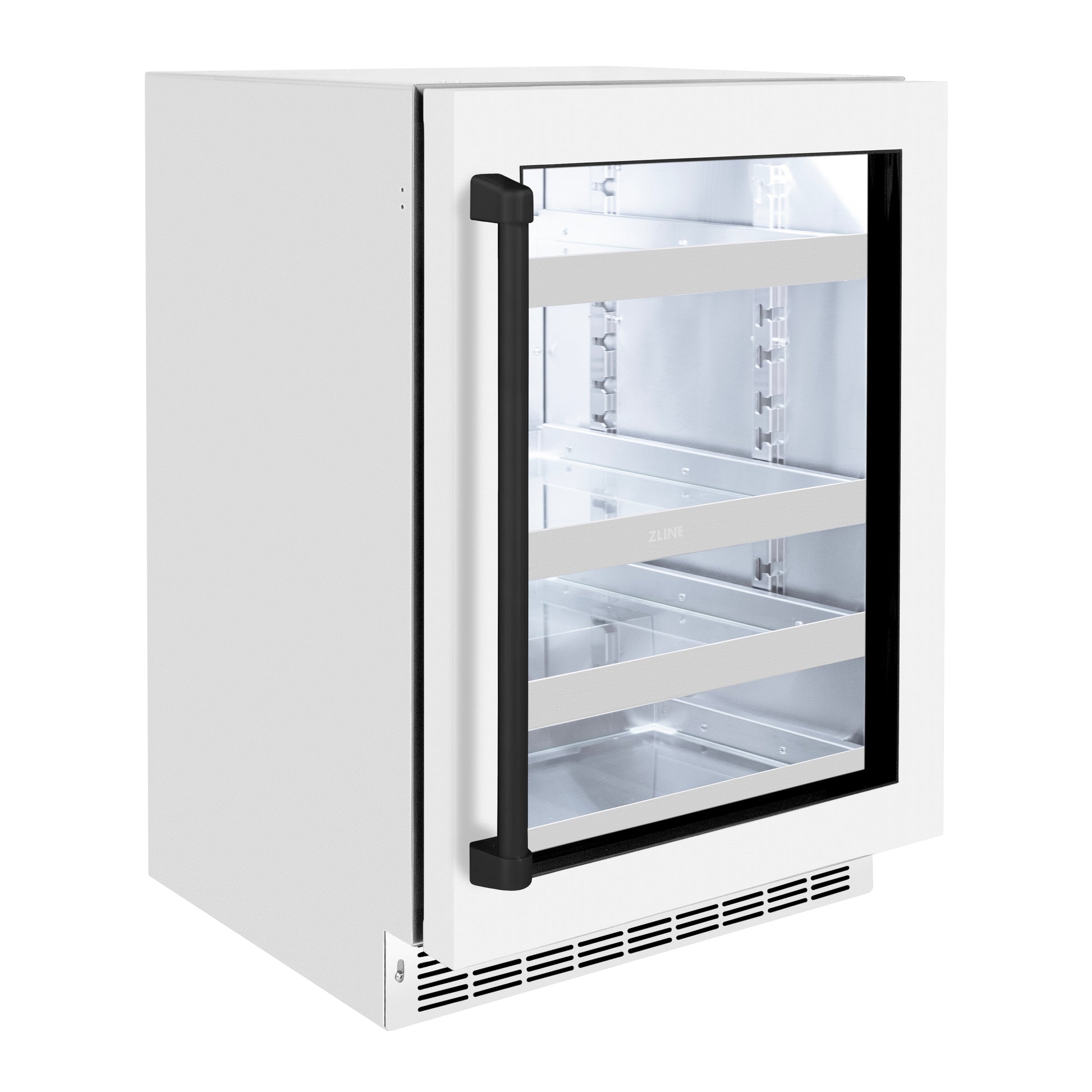 ZLINE Autograph Edition 24 in. Touchstone 151 Can Beverage Fridge With White Matte Glass Door And Matte Black Handle (RBSOZ-WM-24-MB) side, closed.