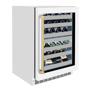 ZLINE Autograph Edition 24 in. Touchstone Dual Zone 44 Bottle Wine Cooler With White Matte Glass Door And Champagne Bronze Handle (RWDOZ-WM-24-CB)