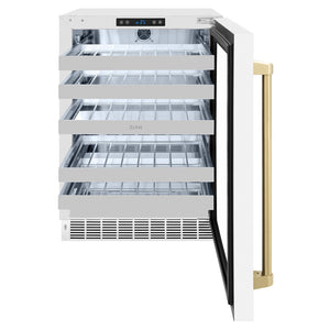 ZLINE Autograph Edition 24 in. Touchstone Dual Zone 44 Bottle Wine Cooler With White Matte Glass Door And Champagne Bronze Handle (RWDOZ-WM-24-CB) front, open.