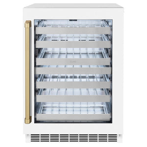 ZLINE Autograph Edition 24 in. Touchstone Dual Zone 44 Bottle Wine Cooler With White Matte Glass Door And Champagne Bronze Handle (RWDOZ-WM-24-CB) front, closed.