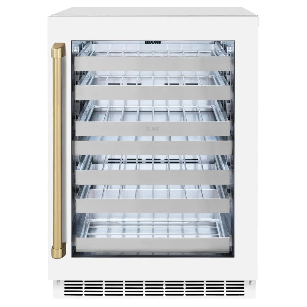 ZLINE Autograph Edition 24 in. Touchstone Dual Zone 44 Bottle Wine Cooler With White Matte Glass Door And Champagne Bronze Handle (RWDOZ-WM-24-CB) main image.