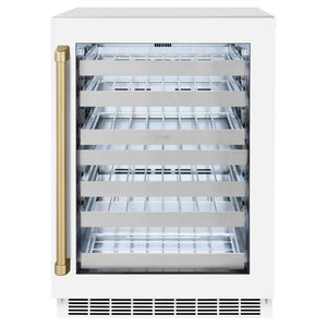 ZLINE Autograph Edition 24 in. Touchstone Dual Zone 44 Bottle Wine Cooler With White Matte Glass Door And Champagne Bronze Handle (RWDOZ-WM-24-CB) main image.