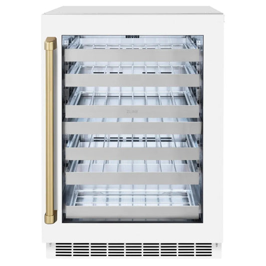 ZLINE Autograph Edition 24 in. Touchstone Dual Zone 44 Bottle Wine Cooler With White Matte Glass Door And Champagne Bronze Handle (RWDOZ-WM-24-CB) main image.