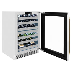 ZLINE Autograph Edition 24 in. Touchstone Dual Zone 44 Bottle Wine Cooler With White Matte Glass Door And Champagne Bronze Handle (RWDOZ-WM-24-CB) side, open, full.