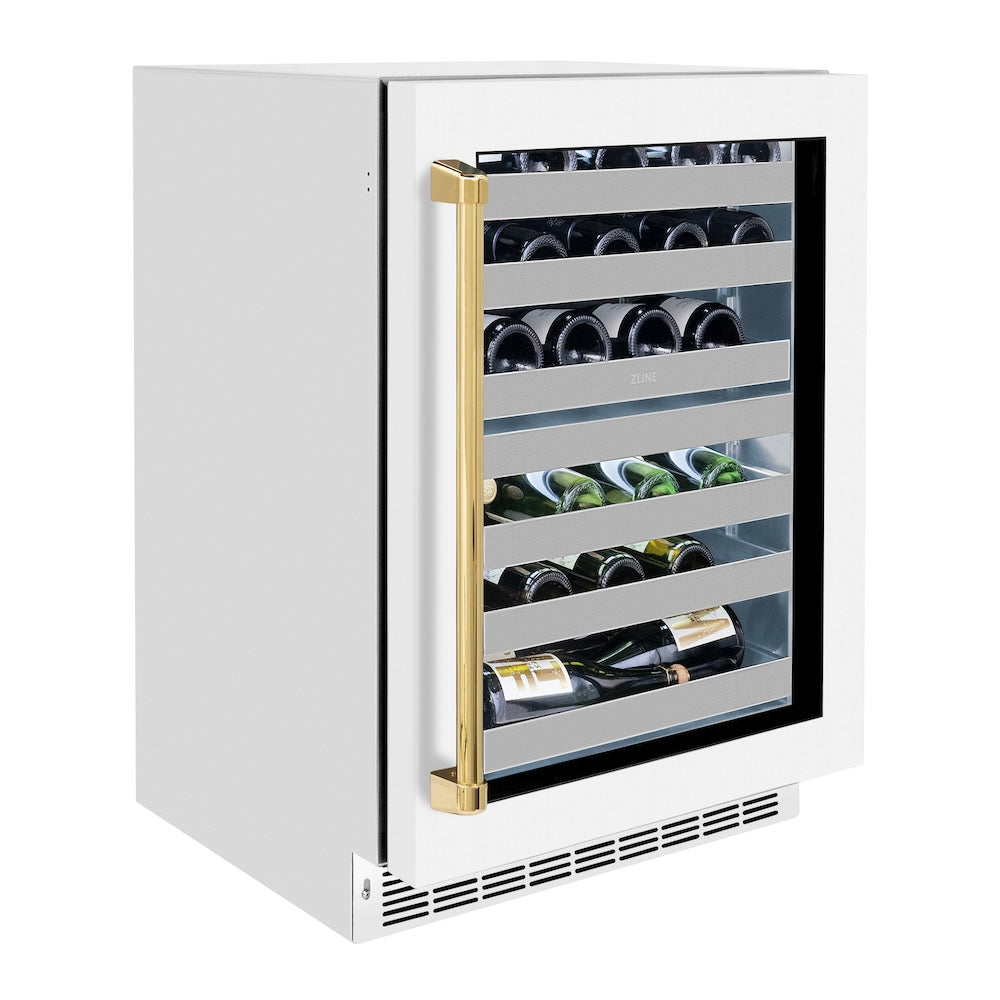 ZLINE Autograph Edition 24 in. Touchstone Dual Zone 44 Bottle Wine Cooler With White Matte Glass Door And Polished Gold Handle (RWDOZ-WM-24-G) side.