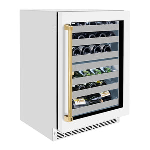 ZLINE Autograph Edition 24 in. Touchstone Dual Zone 44 Bottle Wine Cooler With White Matte Glass Door And Polished Gold Handle (RWDOZ-WM-24-G) side.