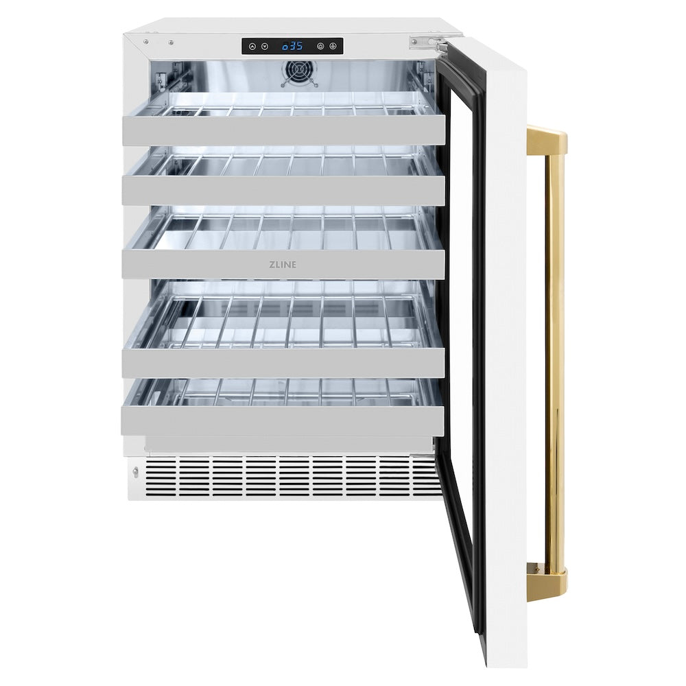 ZLINE Autograph Edition 24 in. Touchstone Dual Zone 44 Bottle Wine Cooler With White Matte Glass Door And Polished Gold Handle (RWDOZ-WM-24-G) front, open.
