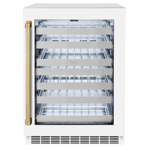ZLINE Autograph Edition 24 in. Touchstone Dual Zone 44 Bottle Wine Cooler With White Matte Glass Door And Polished Gold Handle (RWDOZ-WM-24-G)