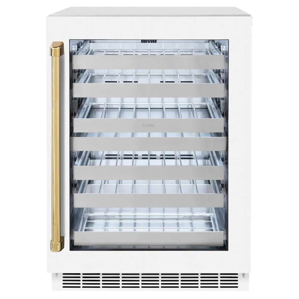 ZLINE Autograph Edition 24 in. Touchstone Dual Zone 44 Bottle Wine Cooler With White Matte Glass Door And Polished Gold Handle (RWDOZ-WM-24-G) main image.