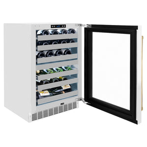 ZLINE Autograph Edition 24 in. Touchstone Dual Zone 44 Bottle Wine Cooler With White Matte Glass Door And Polished Gold Handle (RWDOZ-WM-24-G) side, with open door displaying wine bottles inside.