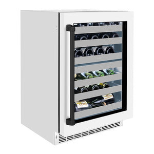 ZLINE Autograph Edition 24 in. Touchstone Dual Zone 44 Bottle Wine Cooler With White Matte Glass Door And Matte Black Handle (RWDOZ-WM-24-MB) side.