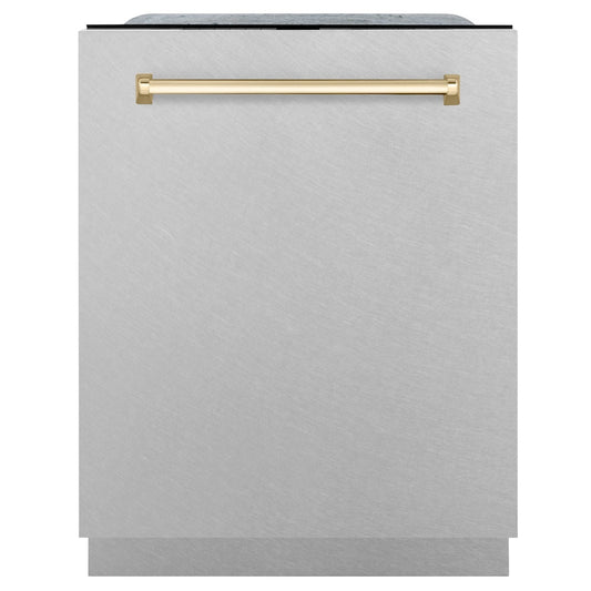 ZLINE Autograph Edition 24 in. Monument Series 3rd Rack Top Touch Control Tall Tub Dishwasher with Satin Stainless Steel Panel and Polished Gold Handle, 45dBa (DWMTZ-SN-24-G) front, closed.