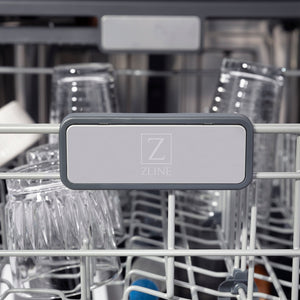 ZLINE Autograph Edition 24 in. Monument Series 3rd Rack Top Control Built-In Tall Tub Dishwasher with Satin Stainless Steel Panel and Matte Black Handle, 45dBa (DWMTZ-SN-24-MB) logo on dish rack.