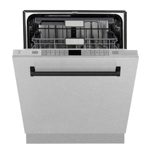 ZLINE Autograph Edition 24 in. Monument Series 3rd Rack Top Control Built-In Tall Tub Dishwasher with Satin Stainless Steel Panel and Matte Black Handle, 45dBa (DWMTZ-SN-24-MB) front, half open.
