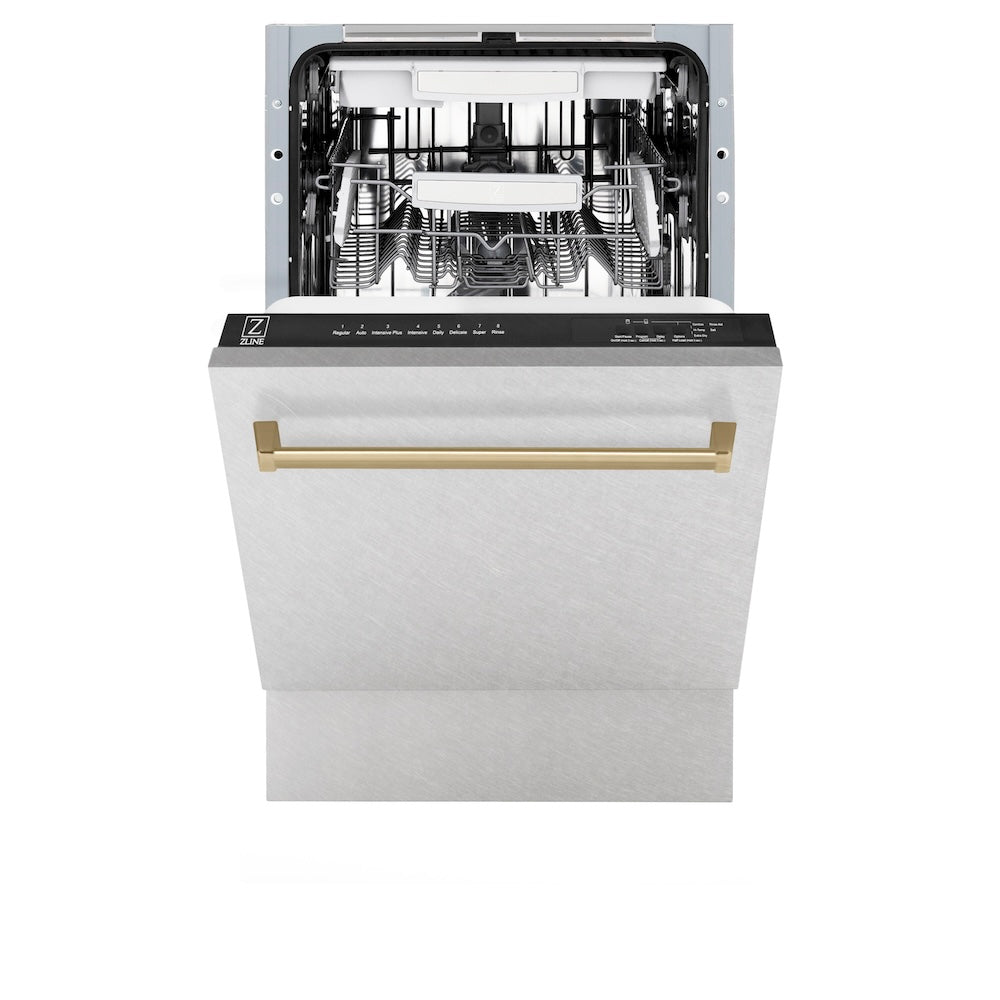 ZLINE Autograph Edition 18 in. Tallac Series 3rd Rack Top Control Built-In Dishwasher with Satin Stainless Steel Panel and Champagne Bronze Handle, 51dBa (DWVZ-SN-18-CB) front, half open.