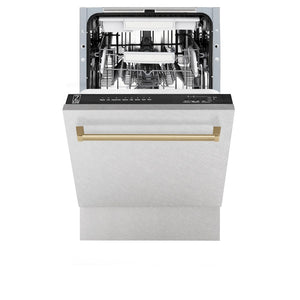 ZLINE Autograph Edition 18 in. Tallac Series 3rd Rack Top Control Built-In Dishwasher with Satin Stainless Steel Panel and Champagne Bronze Handle, 51dBa (DWVZ-SN-18-CB) front, half open.