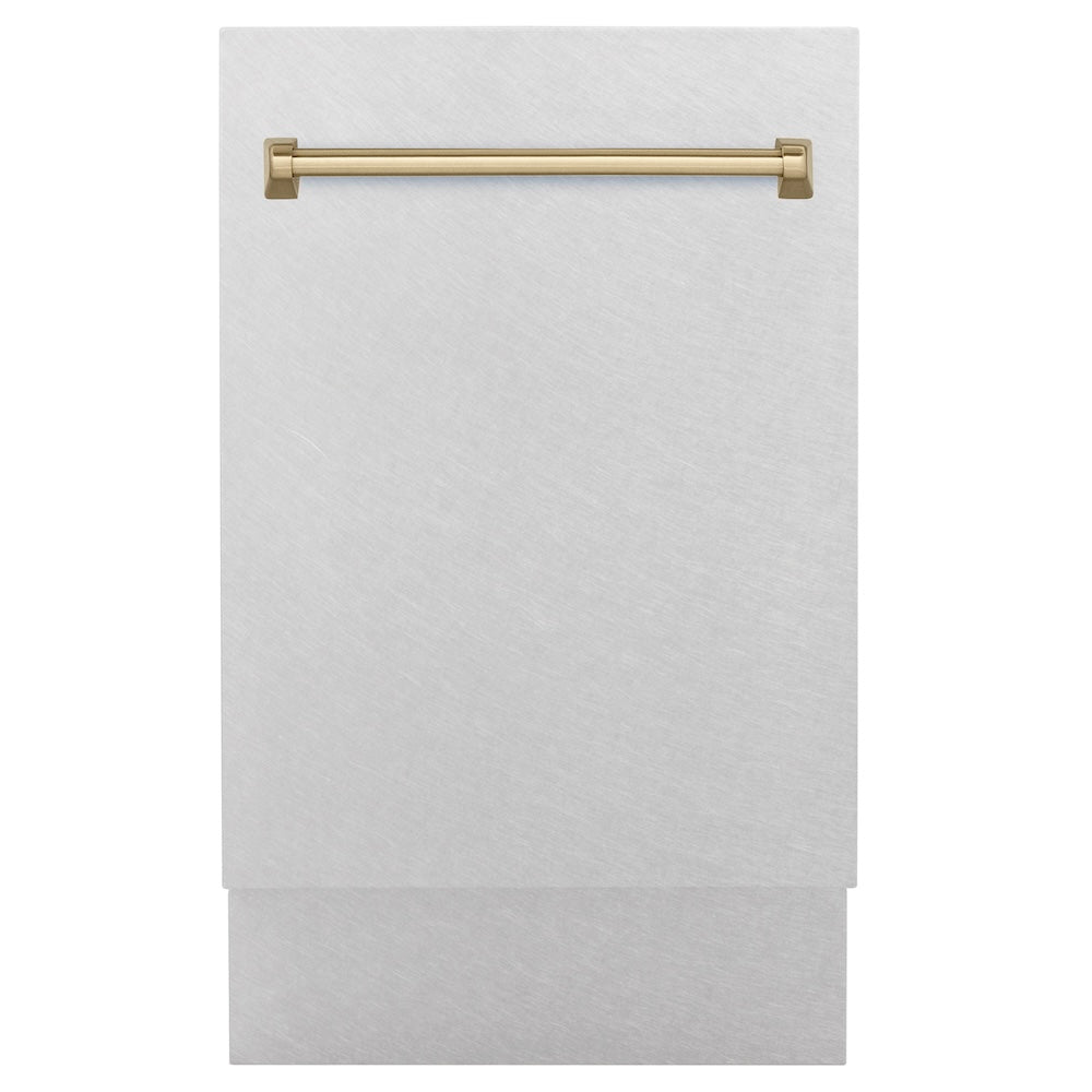 ZLINE Autograph Edition 18 in. Tallac Series 3rd Rack Top Control Built-In Dishwasher with Satin Stainless Steel Panel and Champagne Bronze Handle, 51dBa (DWVZ-SN-18-CB) front, closed.