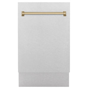 ZLINE Autograph Edition 18 in. Tallac Series 3rd Rack Top Control Built-In Dishwasher with Satin Stainless Steel Panel and Champagne Bronze Handle, 51dBa (DWVZ-SN-18-CB) front, closed.