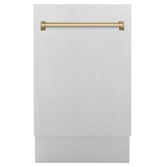 ZLINE Autograph Edition 18 in. Tallac Series 3rd Rack Top Control Built-In Dishwasher with Satin Stainless Steel Panel and Champagne Bronze Handle, 51dBa (DWVZ-SN-18-CB) front, closed.