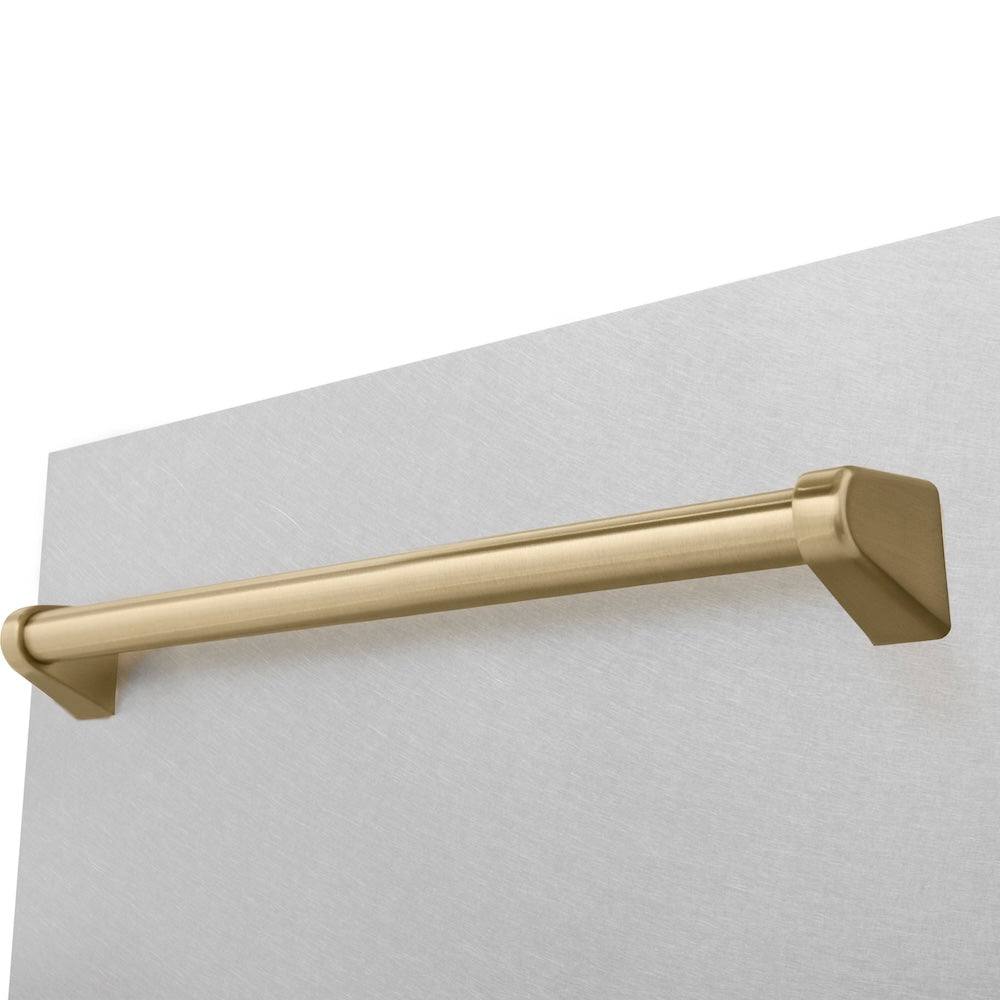 ZLINE Autograph Edition 18 in. Tallac Series 3rd Rack Top Control Built-In Dishwasher with Satin Stainless Steel Panel and Champagne Bronze Handle, 51dBa (DWVZ-SN-18-CB) handle detail.