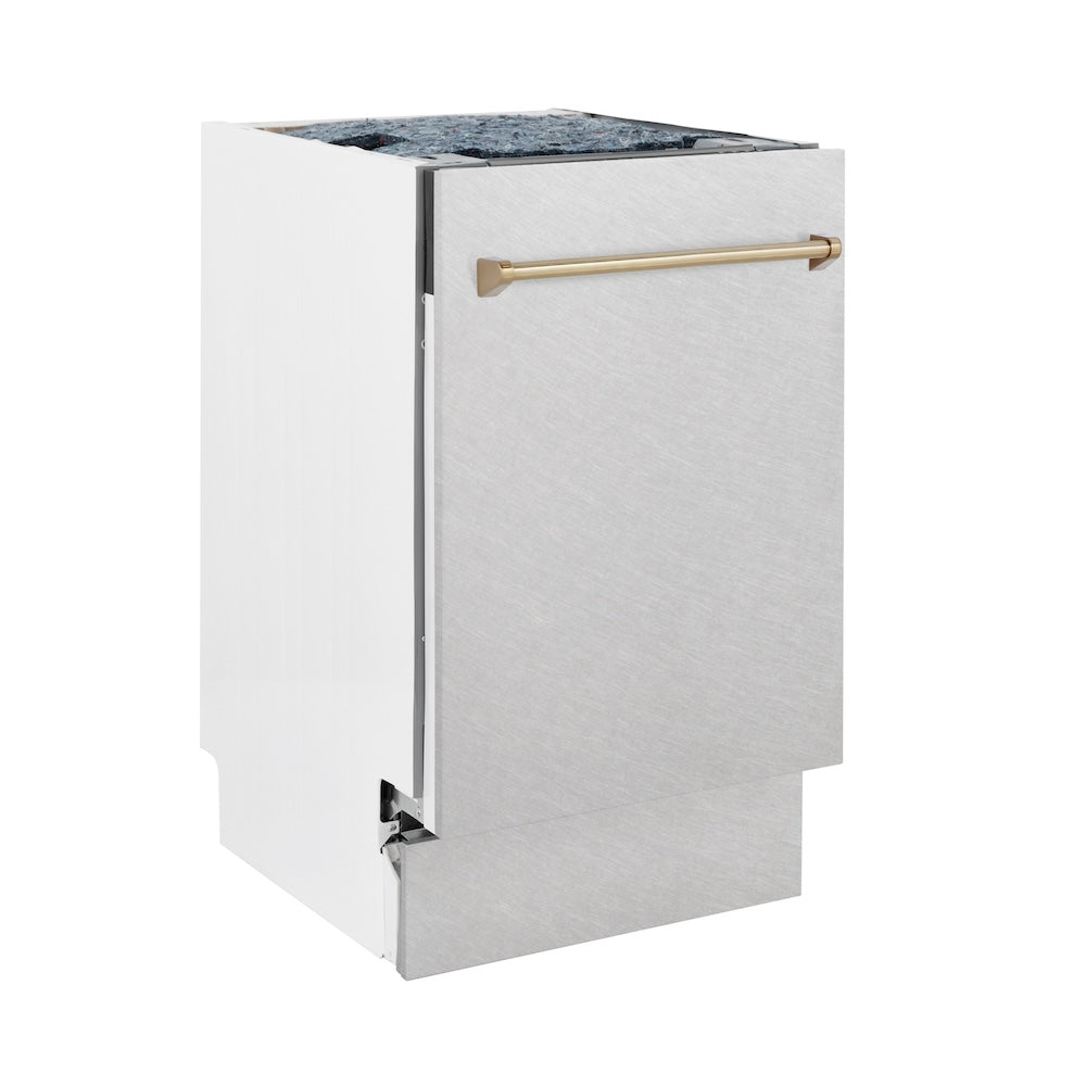 ZLINE Autograph Edition 18 in. Tallac Series 3rd Rack Top Control Built-In Dishwasher with Satin Stainless Steel Panel and Champagne Bronze Handle, 51dBa (DWVZ-SN-18-CB) side.