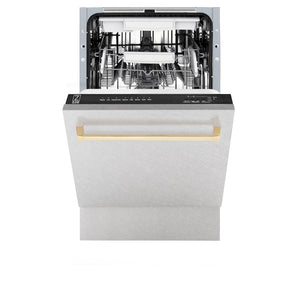 ZLINE Autograph Edition 18 in. Tallac Series 3rd Rack Top Control Built-In Dishwasher with Satin Stainless Steel Panel and Polished Gold Handle, 51dBa (DWVZ-SN-18-G) front, half open.