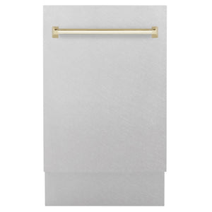 ZLINE Autograph Edition 18 in. Tallac Series 3rd Rack Top Control Built-In Dishwasher with Satin Stainless Steel Panel and Polished Gold Handle, 51dBa (DWVZ-SN-18-G) front.