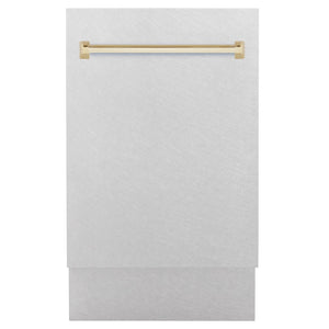 ZLINE Autograph Edition 18 in. Tallac Series 3rd Rack Top Control Built-In Dishwasher with Satin Stainless Steel Panel and Polished Gold Handle, 51dBa (DWVZ-SN-18-G) front, closed.