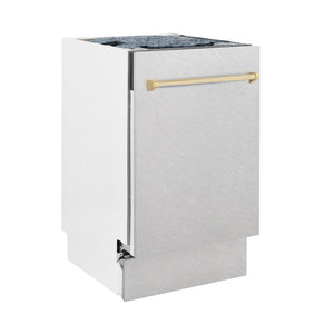 ZLINE Autograph Edition 18 in. Tallac Series 3rd Rack Top Control Built-In Dishwasher with Satin Stainless Steel Panel and Polished Gold Handle, 51dBa (DWVZ-SN-18-G) side.