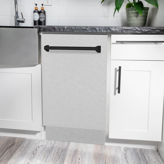 ZLINE Autograph Edition 18 in. Tallac Series 3rd Rack Top Control Built-In Dishwasher with Satin Stainless Steel Panel and Matte Black Handle, 51dBa (DWVZ-SN-18-MB) in a luxury kitchen.