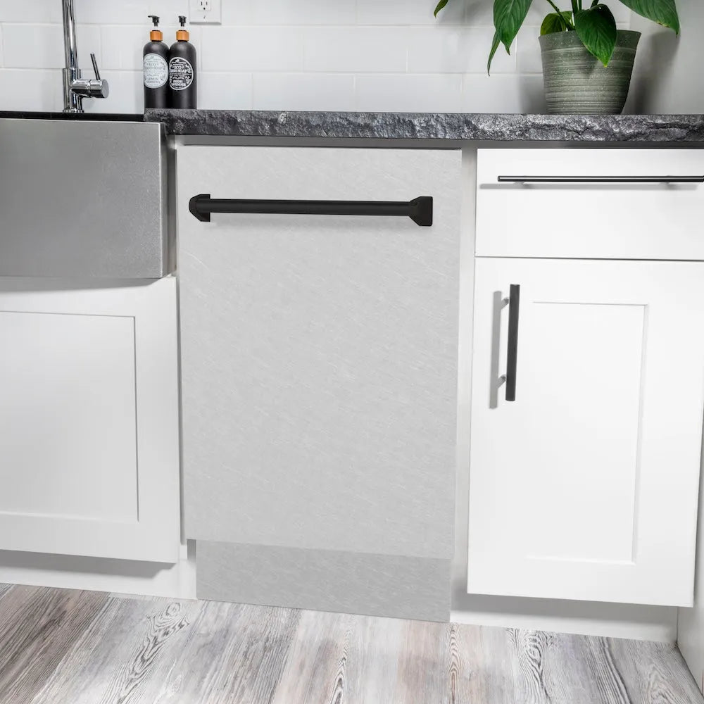 ZLINE Autograph Edition 18 in. Tallac Series 3rd Rack Top Control Built-In Dishwasher with Satin Stainless Steel Panel and Matte Black Handle, 51dBa (DWVZ-SN-18-MB) in a luxury kitchen.
