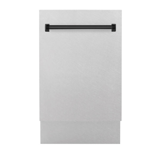 ZLINE Autograph Edition 18 in. Tallac Series 3rd Rack Top Control Built-In Dishwasher with Satin Stainless Steel Panel and Matte Black Handle, 51dBa (DWVZ-SN-18-MB) front.